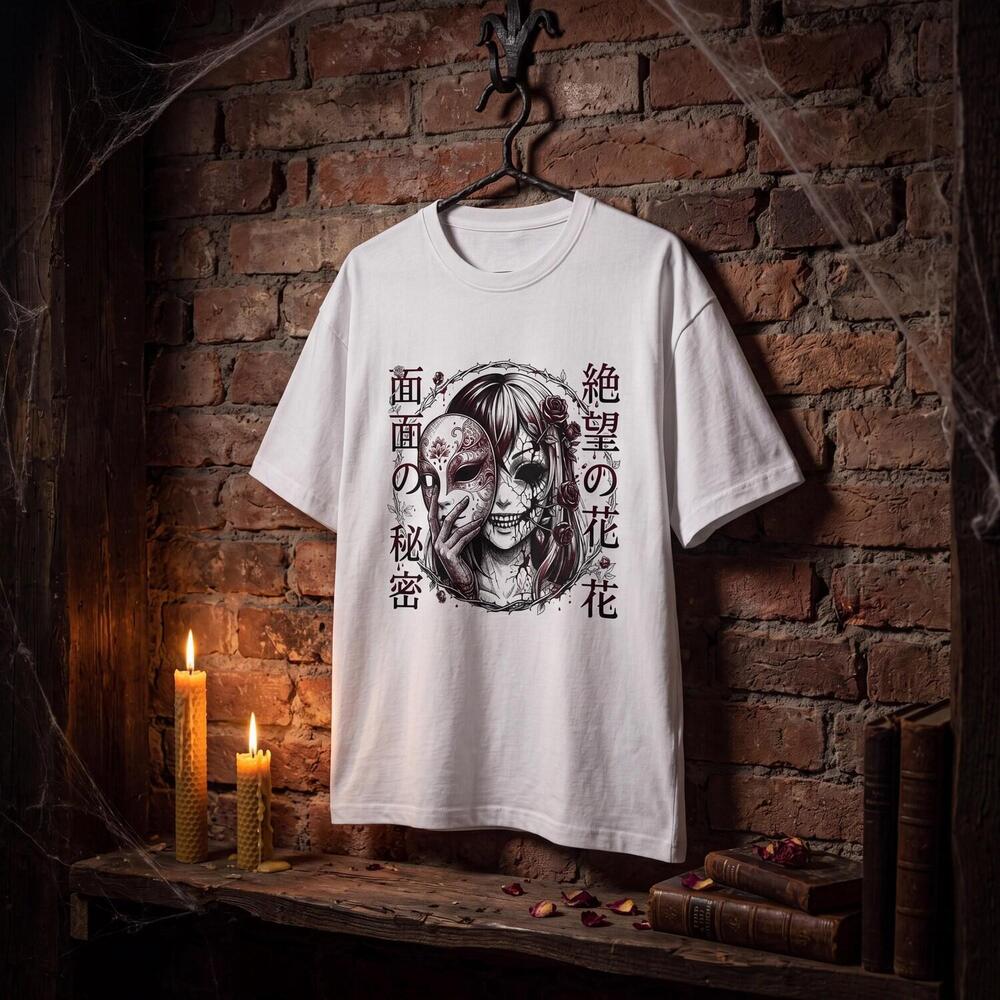 Masked Girl Manga Tee, Japanese Kanji, Gothic Emo Horror Shirt
